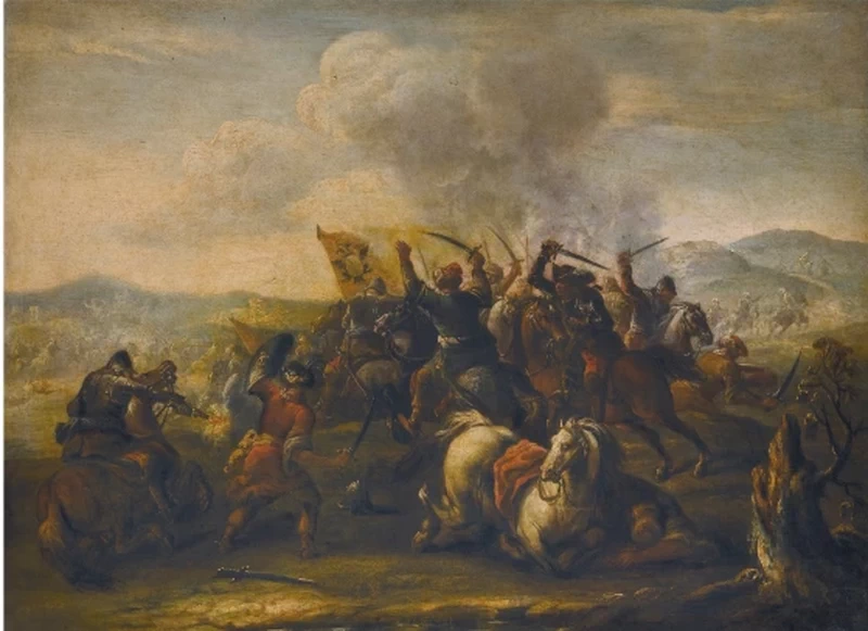 Scena di battaglia tra le truppe imperiali austriache e la cavalleria ottomana 1